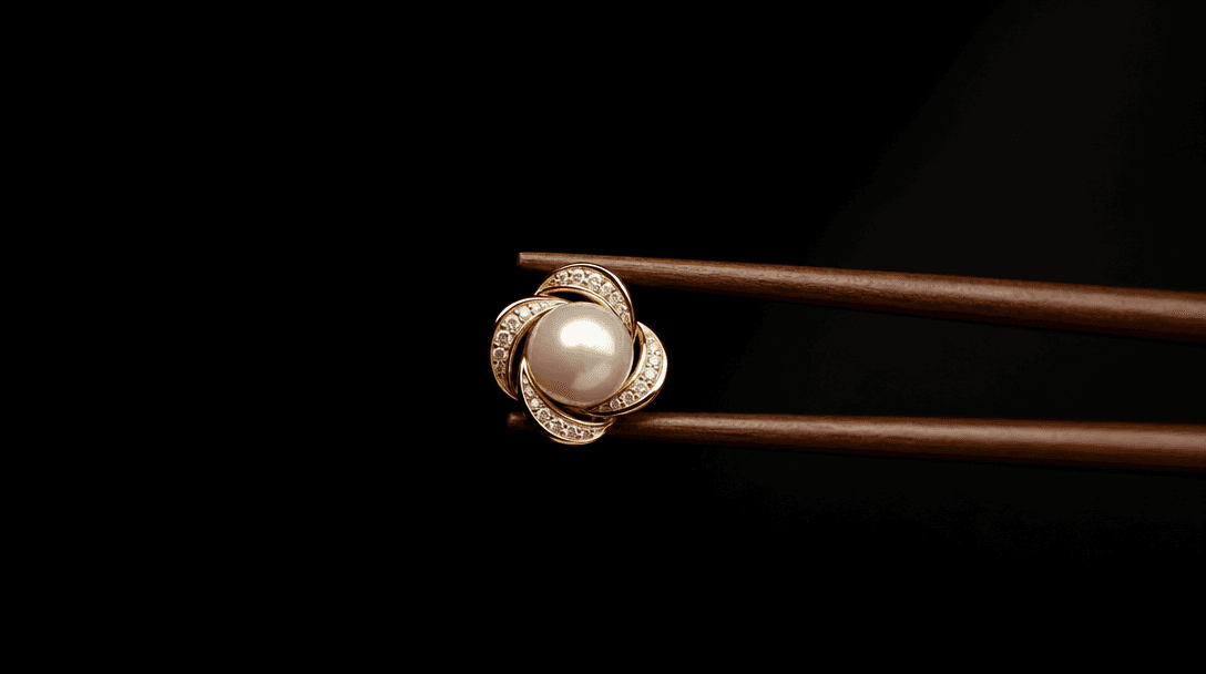 Jewelry piece being positioned on chopsticks, slow graceful motion, minimalist composition, professional lighting setup,