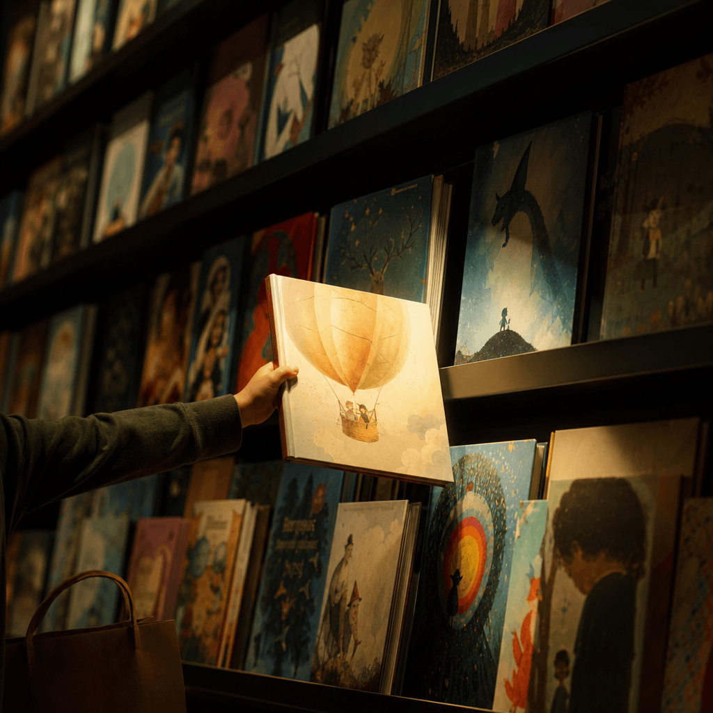 A children's picture book being chosen from a dramatic wall of colorful covers, showing only a child's hand and the edge