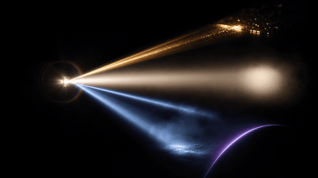 Abstract visualization of light rays splitting from a single source into multiple distinct beams in a dark atmospheric s