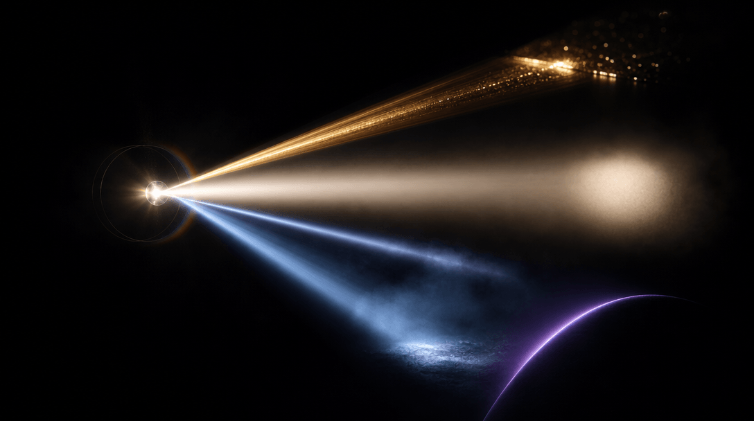Abstract visualization of light rays splitting from a single source into multiple distinct beams in a dark atmospheric s