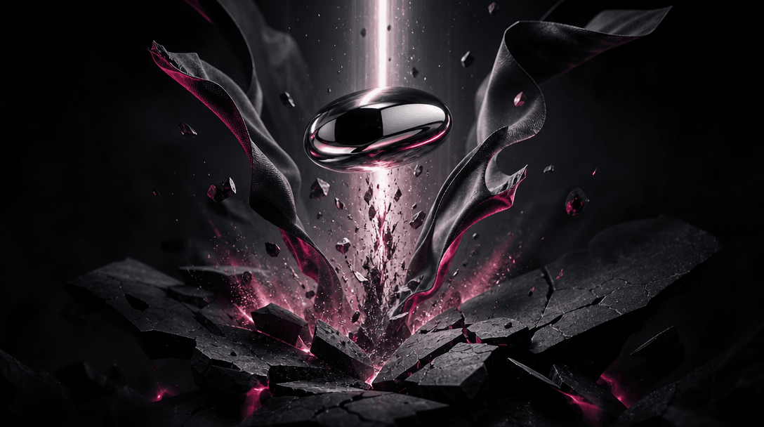 An abstract visualization of explosive lift: a polished chrome object hovering above fractured black stone, with fabric
