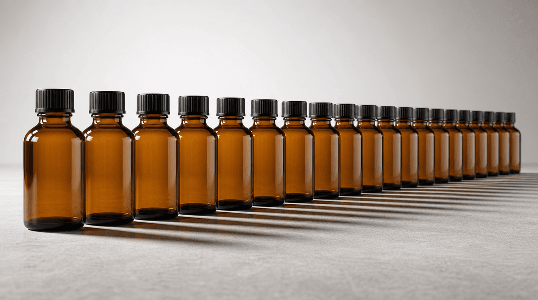 A perfectly uniform row of identical amber glass bottles viewed from a low wide angle on a bench surface, studio lightin