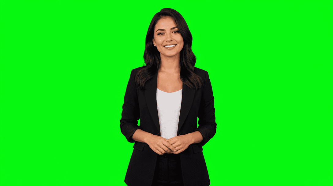 Green-screen color key perfect chroma, clean edges ready for compositing, vivid pure green background, broadcast standar