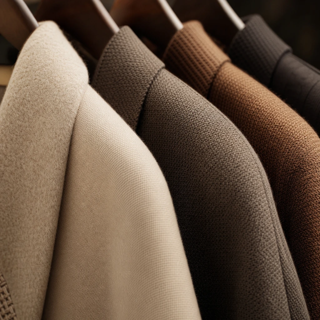 Close-up of luxury fabric and texture on rail, professional product lighting, shallow depth of field, detail focus on ma
