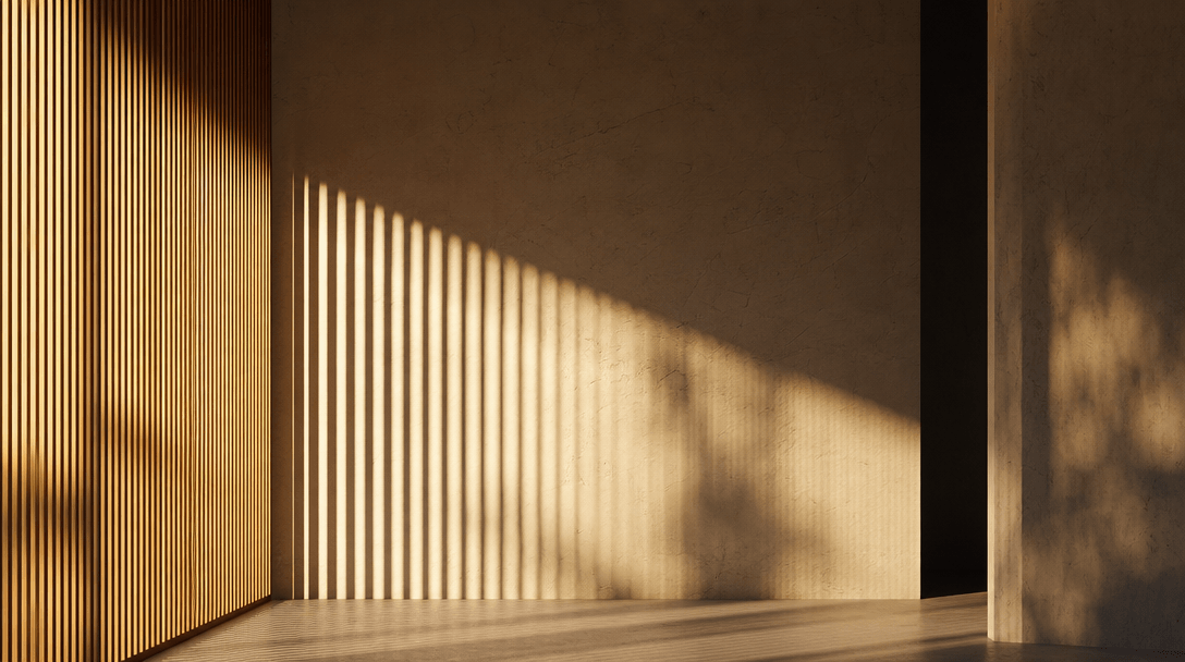 Abstract architectural interior study: geometry of light through slatted wooden blinds casting crisp linear shadow patte