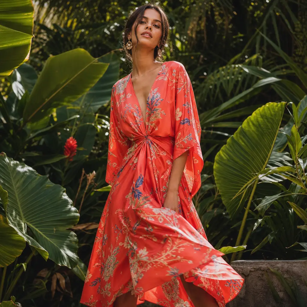 Square editorial fashion photograph: a model in a vibrant coral printed silk midi dress photographed against a lush trop