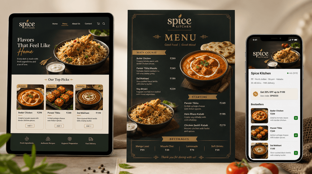 Professional menu card presentation across tablet, printed format, and digital display, beautiful food imagery optimized