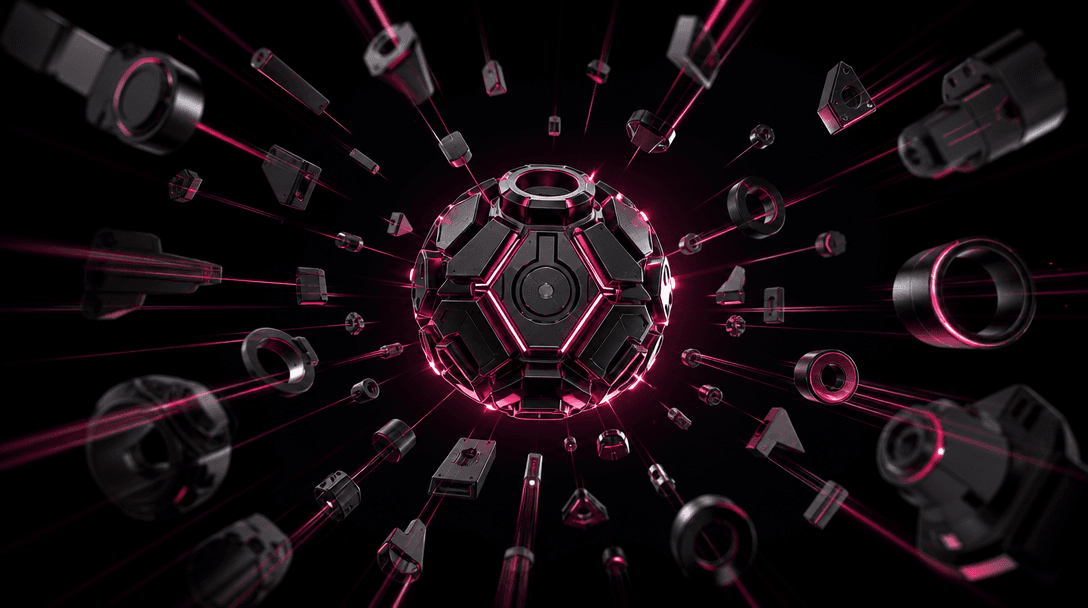 Dozens of geometric components traveling along luminous motion paths toward a central finished object, controlled symmet
