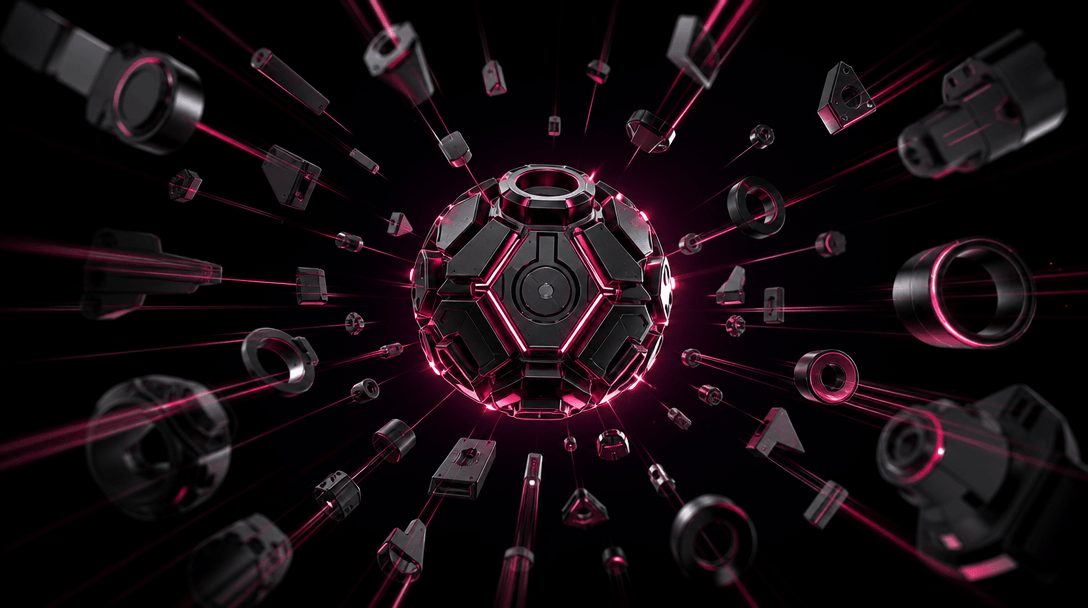 Dozens of geometric components traveling along luminous motion paths toward a central finished object, controlled symmet