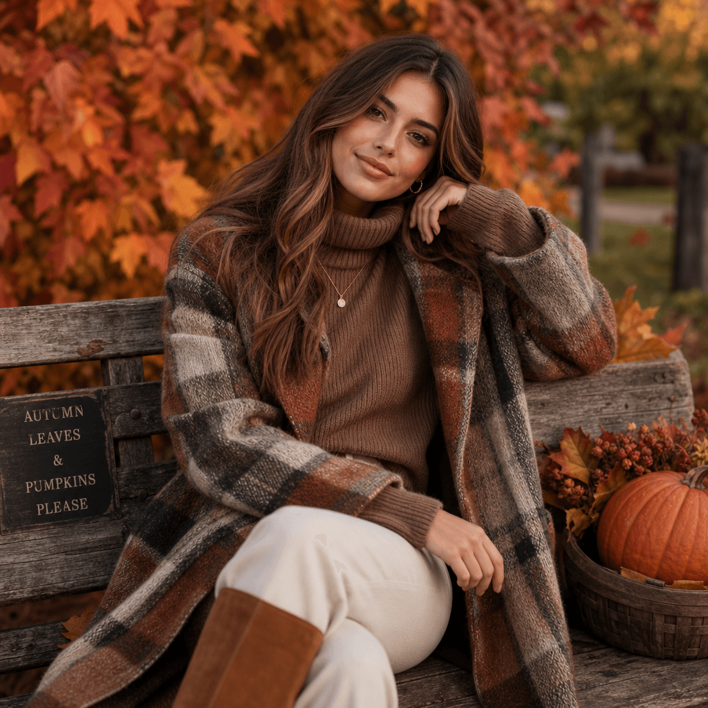 A model wearing a stylish autumn outfit, sitting on a rustic bench surrounded by vibrant fall foliage. The lighting is s