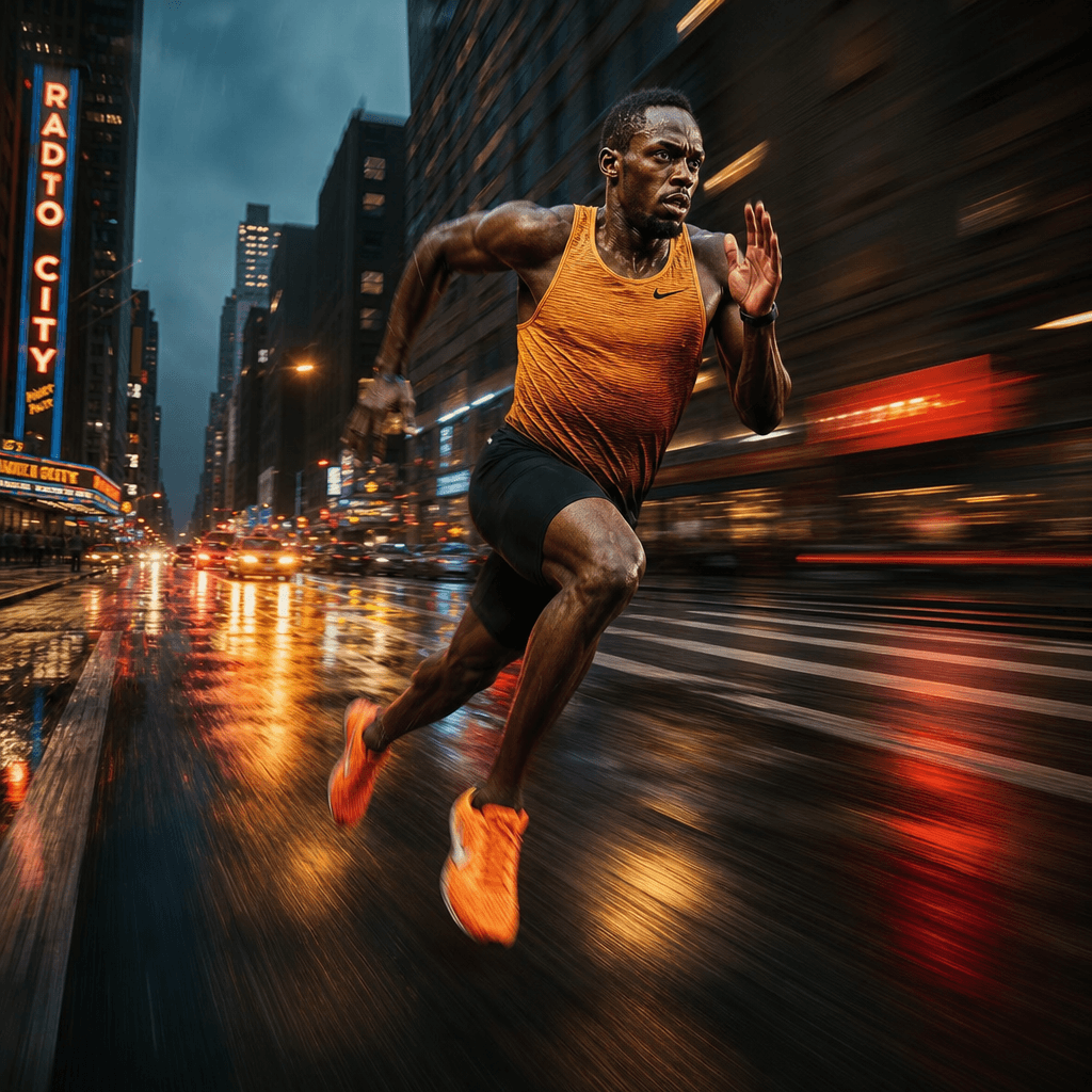 High-energy motion blur of a professional athlete sprinting through a rain-slicked urban street at dusk, neon-lit wet re