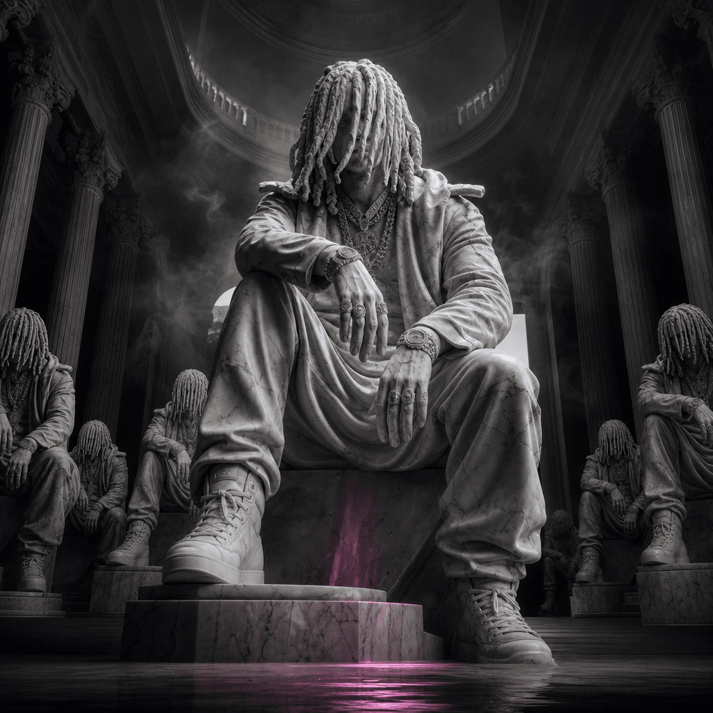 An anonymous musician reimagined as a monumental marble statue surrounded by smaller cloned sculptures, cavernous exhibi
