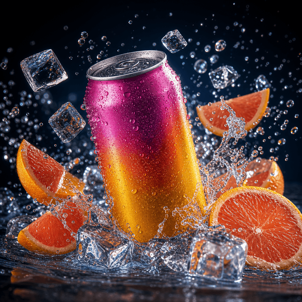 A colorful beverage can bursting through a refined arrangement of translucent ice, citrus slices, bubbles, and rippling