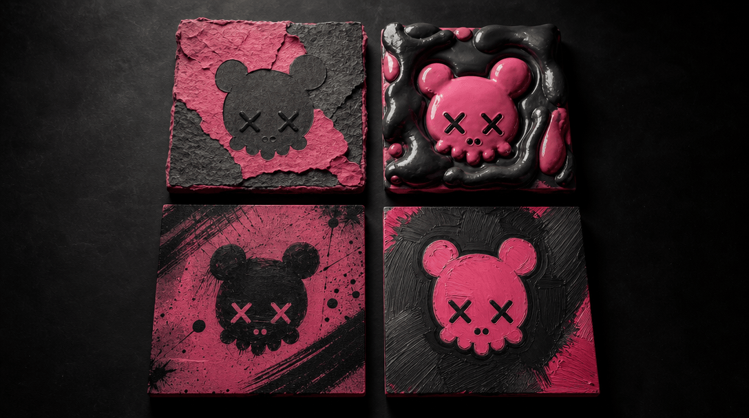A precisely arranged collection of four square art objects made from different cartoon-inspired materials, unified by on