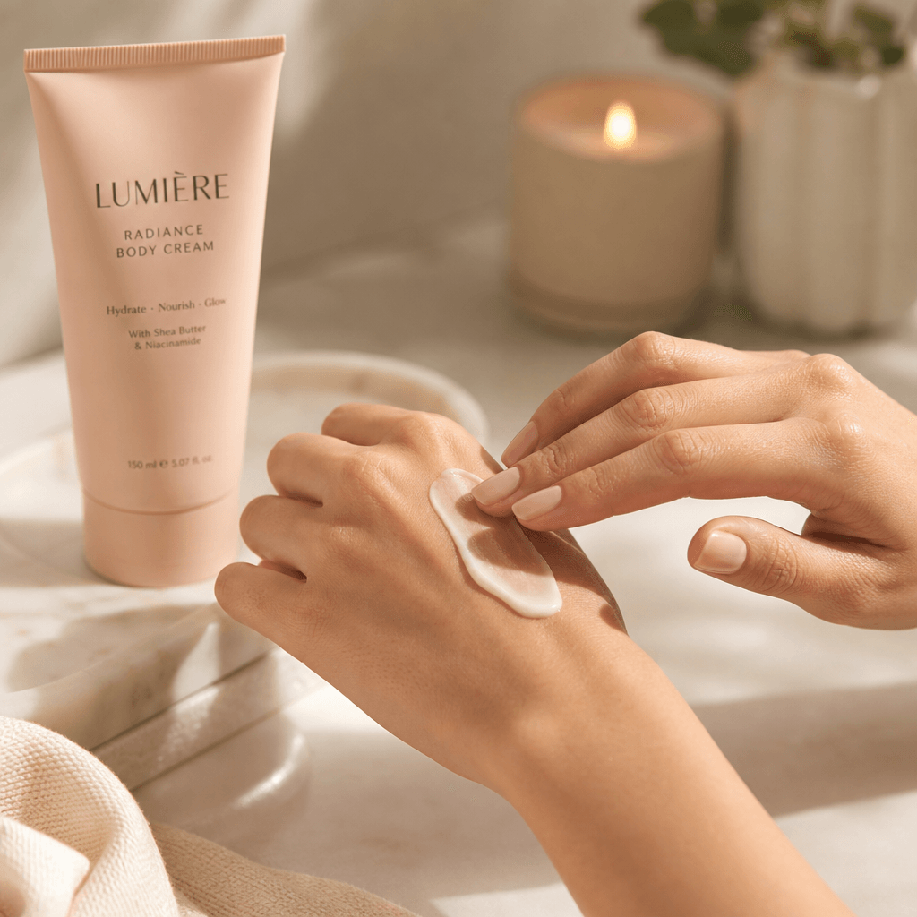 Design an image of a beauty product being applied in hand, with soft lighting that enhances the product's appeal and cre