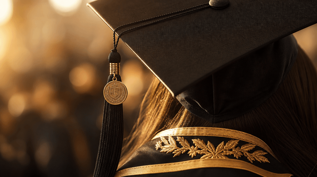 Graduation styling aesthetic. Elegant cap and gown fabric close-up, fine details visible, professional formal textures,