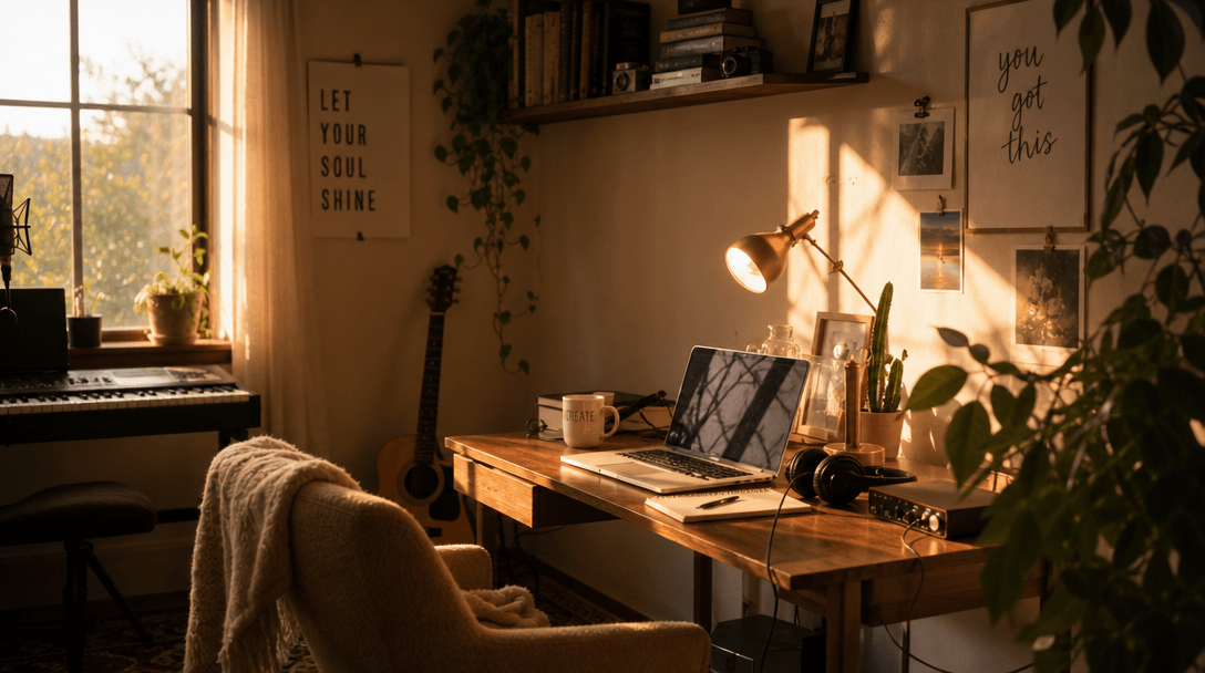 Cozy home studio setting with warm golden hour light streaming through, soft shadows, intimate ambiance, comfortable aes