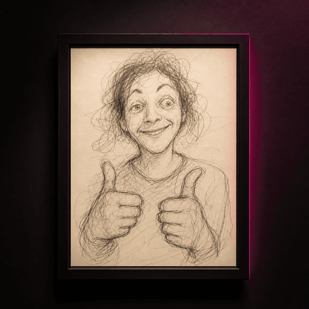 A cheerful human portrait redrawn as comically inept scribble art, recognizable expression but uneven eyes, shaky contou