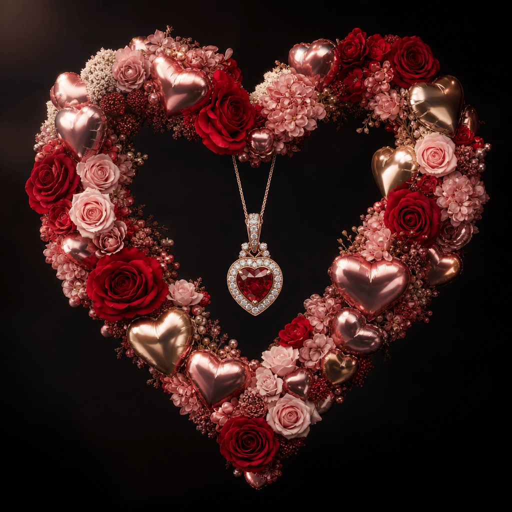 Jewelry piece surrounded by elegant heart-shaped floral balloon, professional studio lighting, luxury photography, dark
