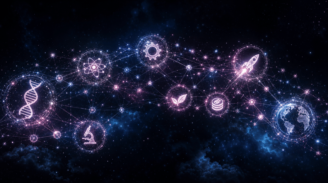 Wide cinematic editorial. A constellation of floating topic icons — DNA helix, atom, gear, leaf, coin, rocket, microscop