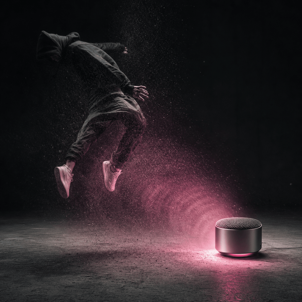 A compact silver speaker emitting a powerful invisible pulse that lifts an anonymous dancer above a minimalist concrete