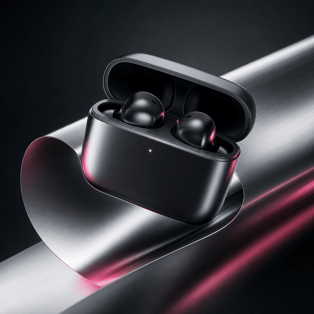 A sleek wireless earbud case emerging from a rolling sheet of brushed aluminum, energetic diagonal composition, deep cha