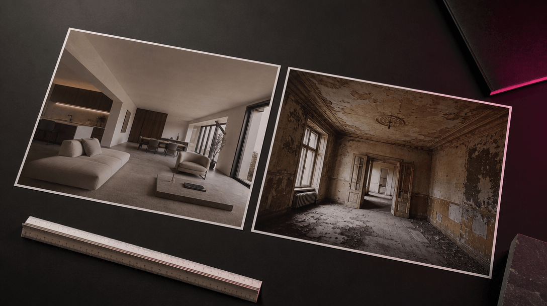 Dark editorial flatlay of professional presentation materials — two large-format printed interior photographs arranged s