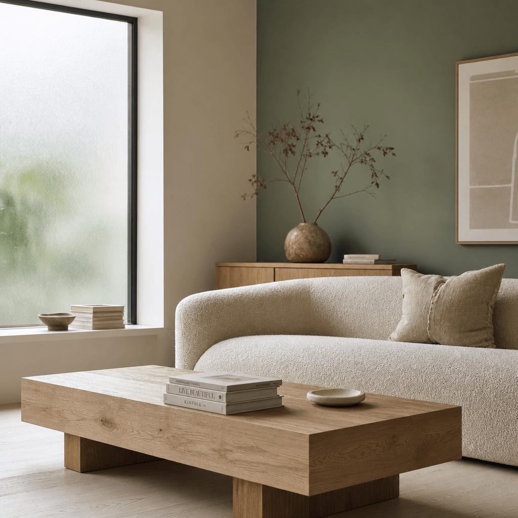 Minimalist Scandinavian living room staging: cream boucle sofa, low solid oak coffee table with a small stack of art boo