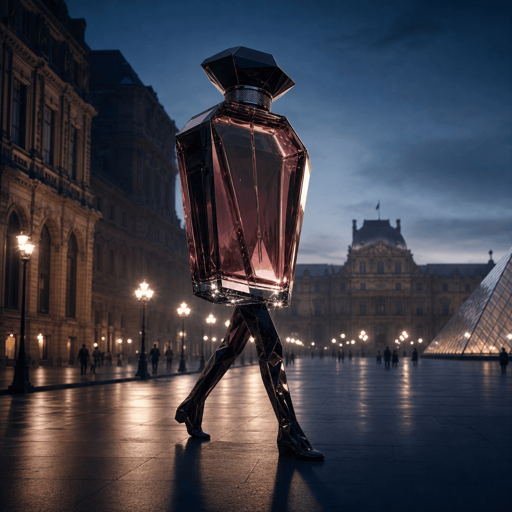 A sculptural perfume bottle presented as a towering walking banner crossing an elegant metropolitan plaza at blue hour.