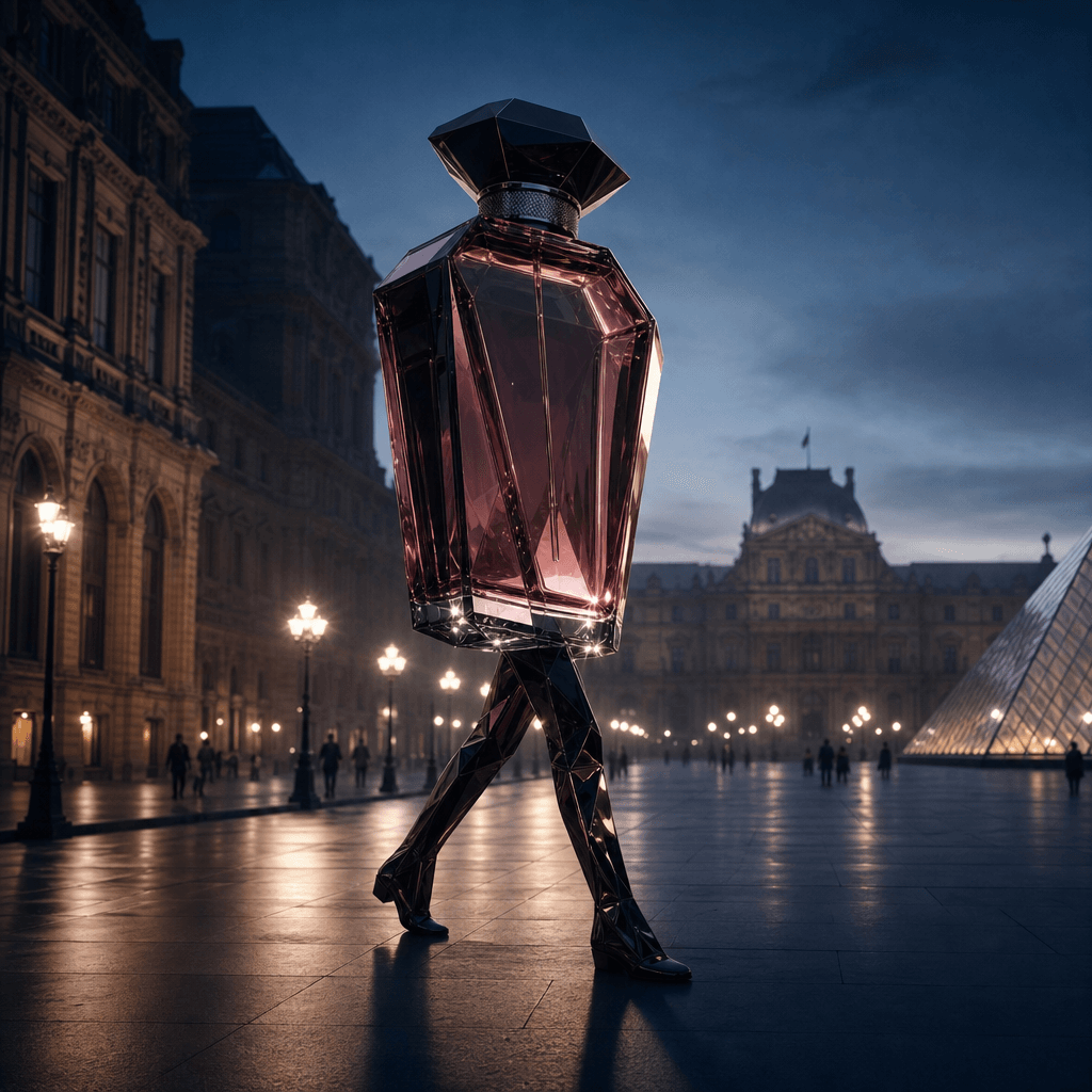 A sculptural perfume bottle presented as a towering walking banner crossing an elegant metropolitan plaza at blue hour.