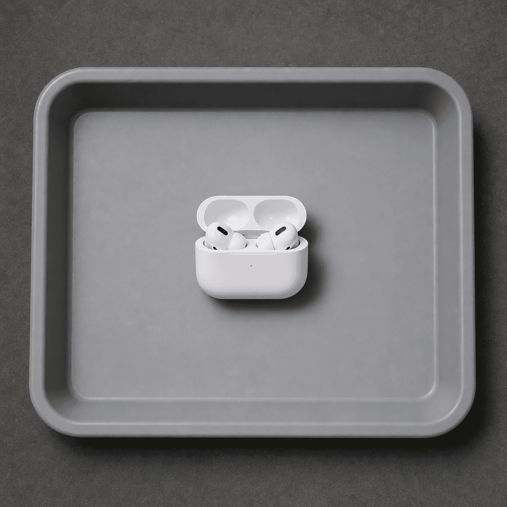 Photorealistic top-down image of premium white wireless earbuds in an open charging case placed on a gray airport securi