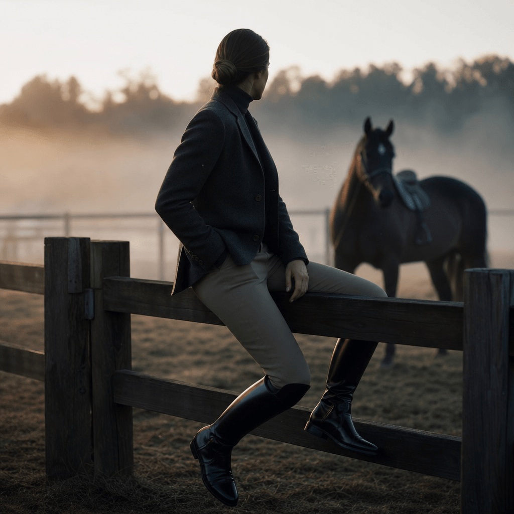 Anonymous adult rider seated confidently on a wooden ranch fence before a misty paddock, polished riding boots and under