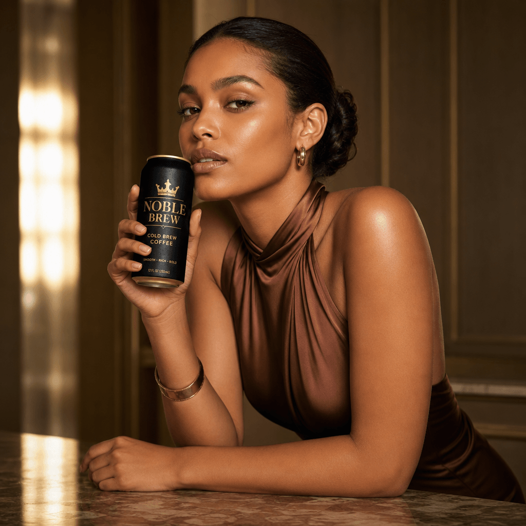 Diverse model holding beverage product in sophisticated pose. Professional editorial lighting, luxury fashion aesthetic,