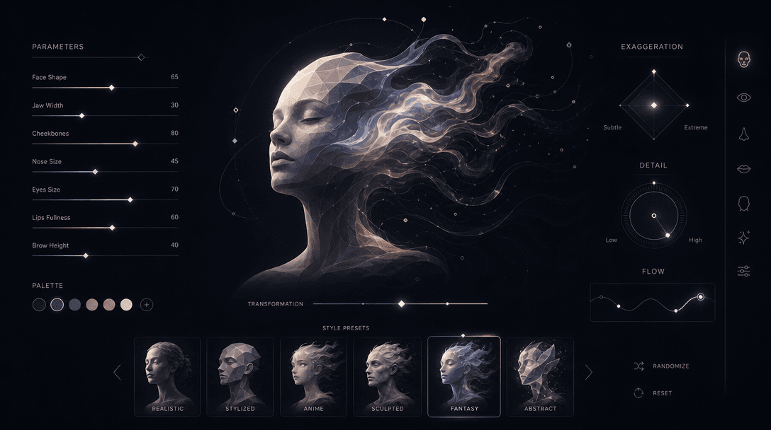 Abstract customization interface concept. Floating parameters, sliders, and adjustment controls visible as light and geo