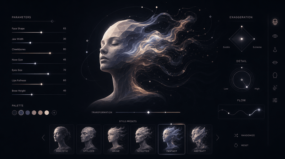 Abstract customization interface concept. Floating parameters, sliders, and adjustment controls visible as light and geo