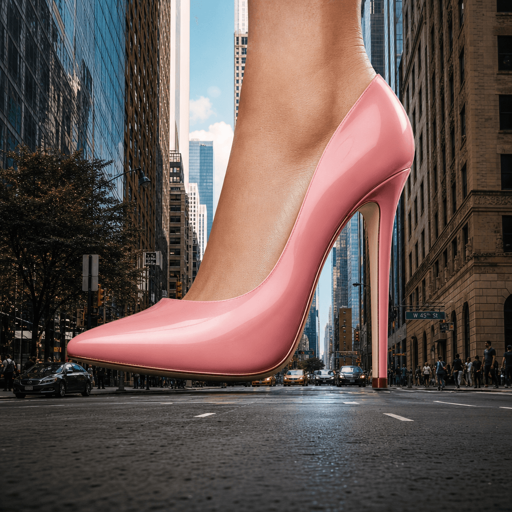 Giant pink high heel stepping through downtown street with buildings in background for scale reference, surreal proporti