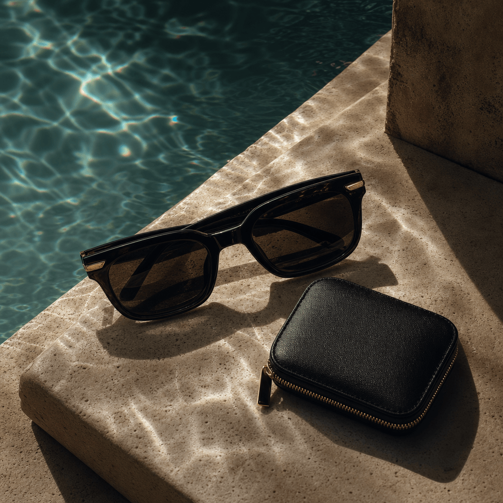 Designer sunglasses and a compact travel accessory arranged on a cream stone pool ledge, rippling water casting luminous