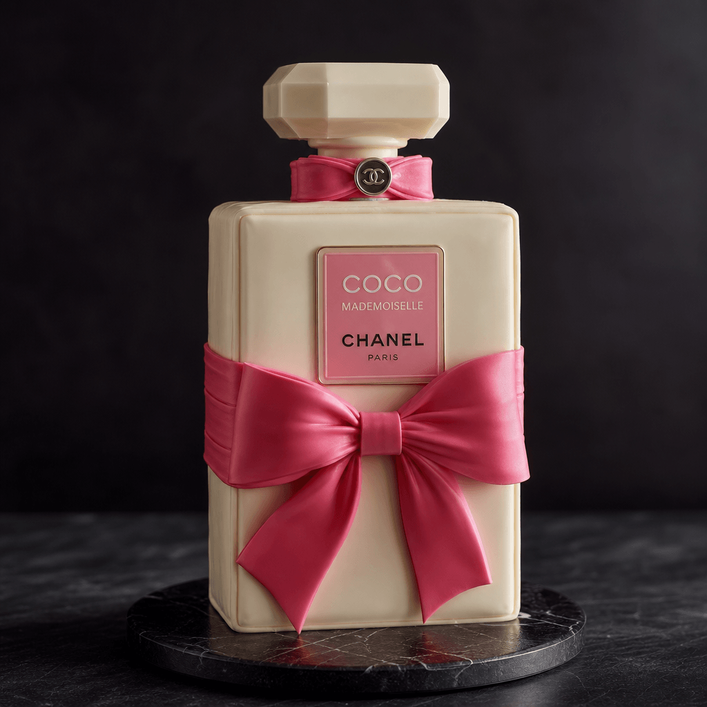 A premium glass perfume bottle reimagined as a tall elegant single-tier cake resting on a dark matte surface. Hot pink r