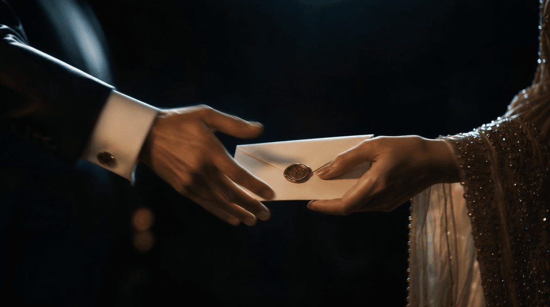 Two sets of elegantly dressed hands in mid-motion passing a sealed cream envelope, cinematic depth of field blurring bac