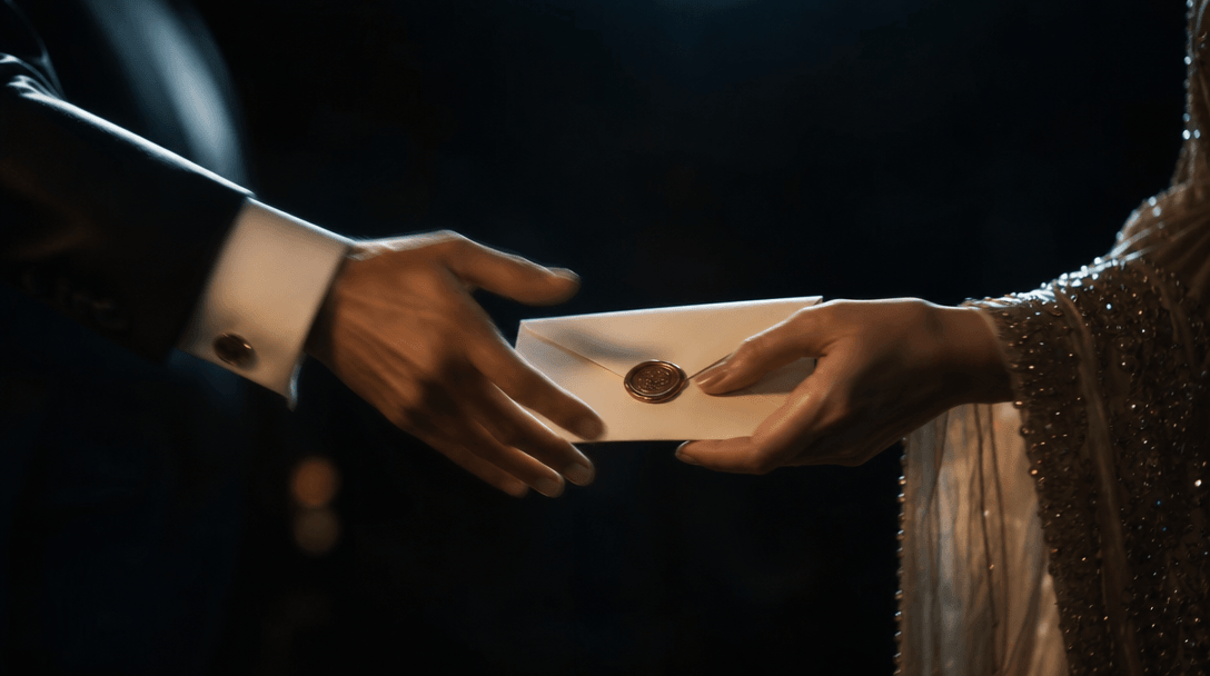 Two sets of elegantly dressed hands in mid-motion passing a sealed cream envelope, cinematic depth of field blurring bac