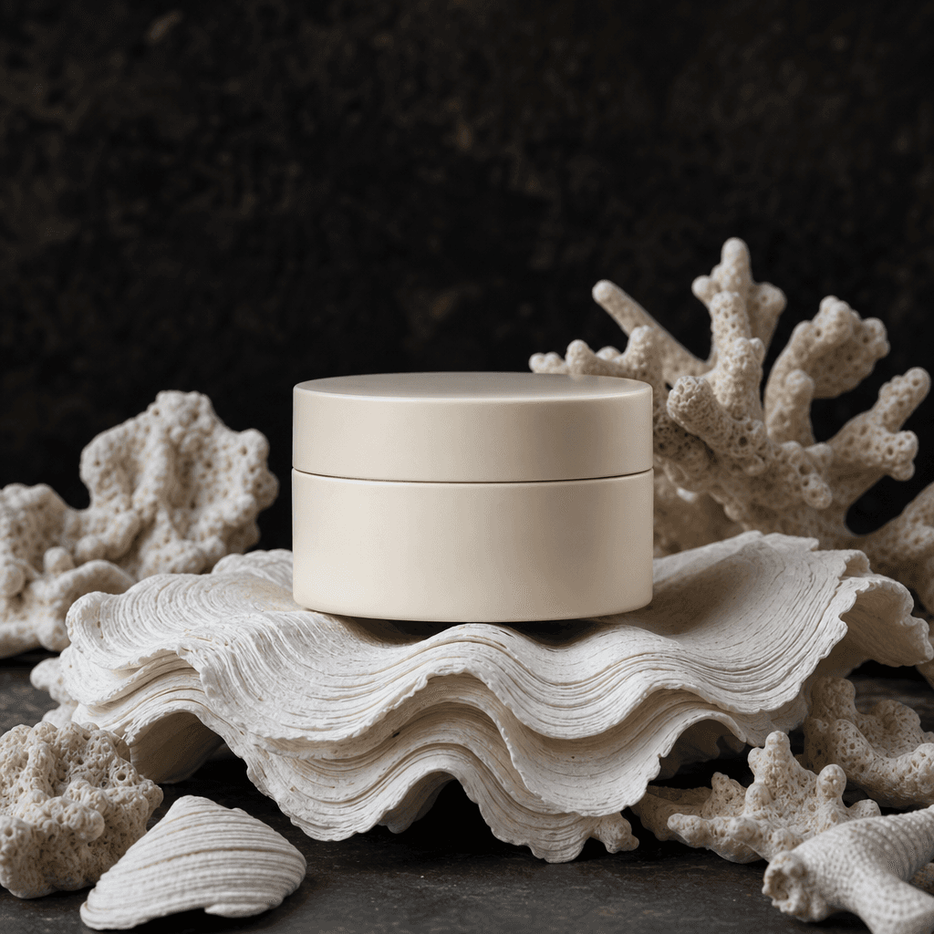 A minimalist skincare jar centered on layered white shells with soft coral fragments, photographed in a refined coastal