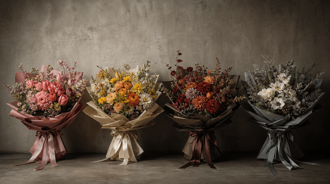Four distinct bouquets arranged in a precise sequence against one continuous matte plaster wall, each with different sea