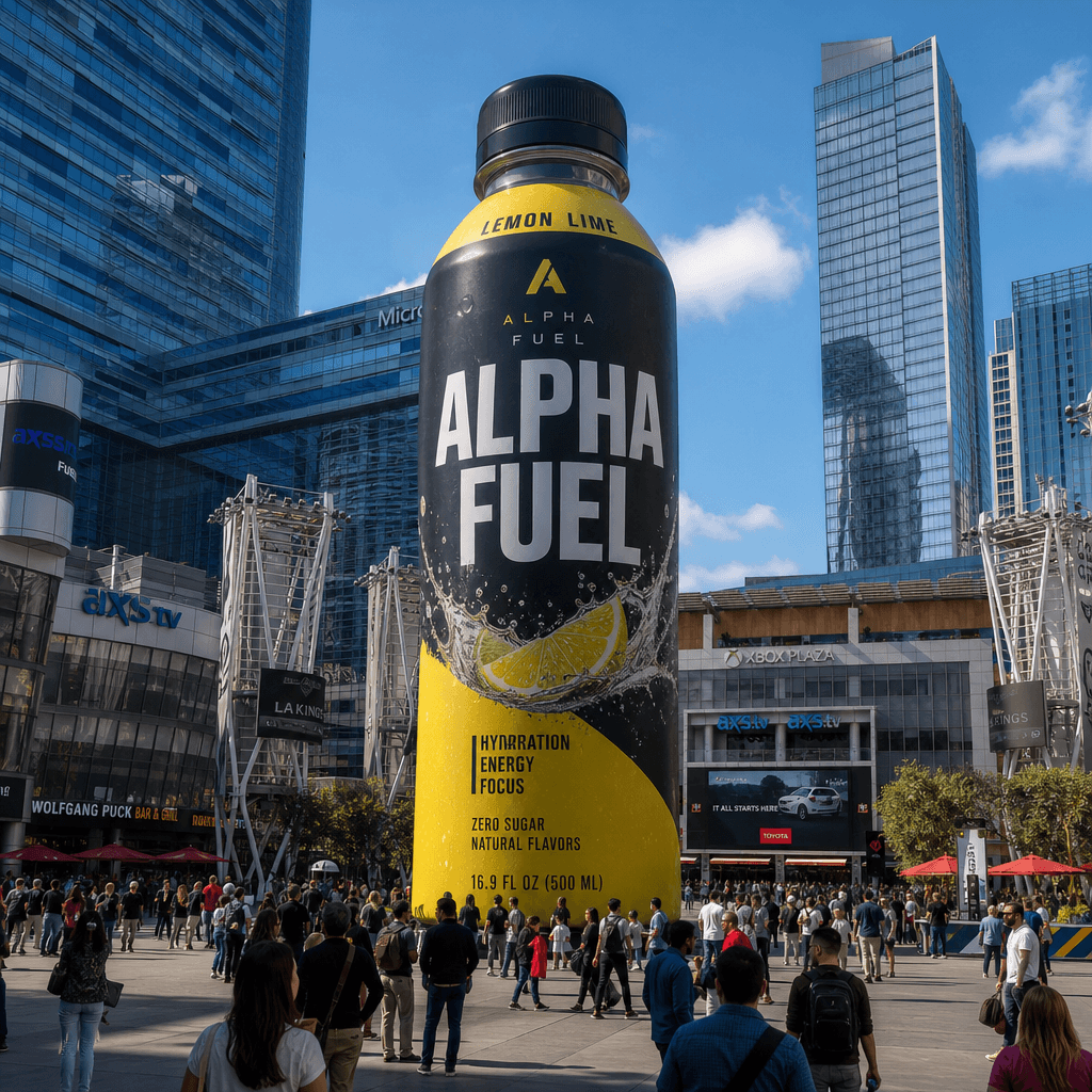 Giant fitness drink bottle in modern urban plaza surrounded by people, product towers above crowds showing extreme scale