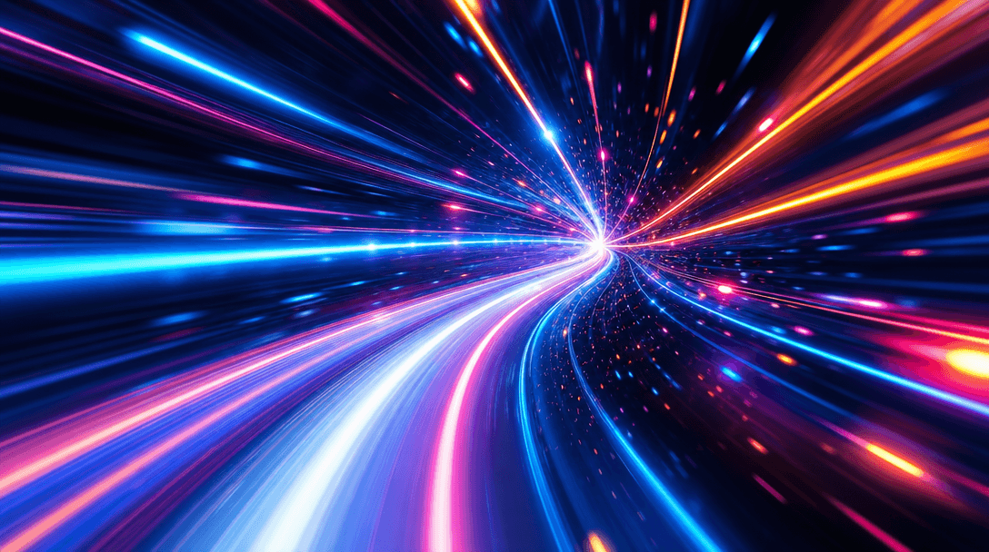 Kinetic energy visualization: speed lines, motion blur, and light trails converging rapidly. Smooth fluid curves of move