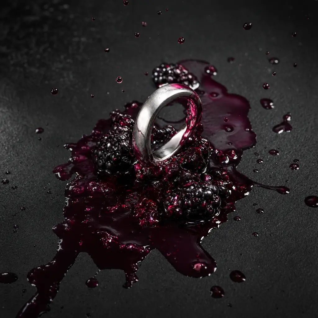 A minimalist platinum band emerging from a squeezed blackberry, deep violet juice spreading across a matte black stone s