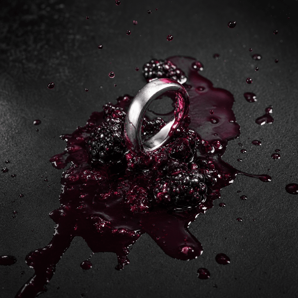 A minimalist platinum band emerging from a squeezed blackberry, deep violet juice spreading across a matte black stone s