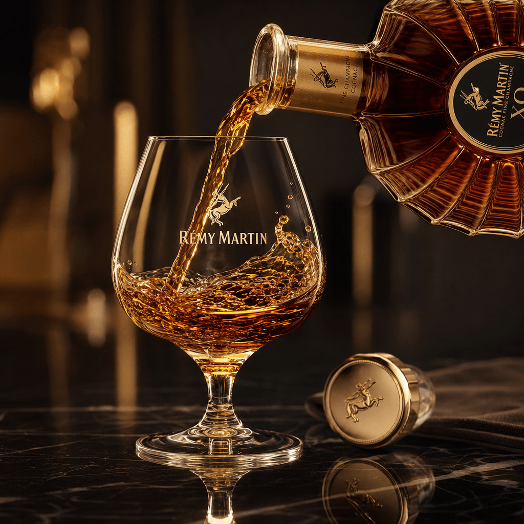 High-end beverage being poured into elegant glassware, captured mid-pour with splash effect, professional food photograp
