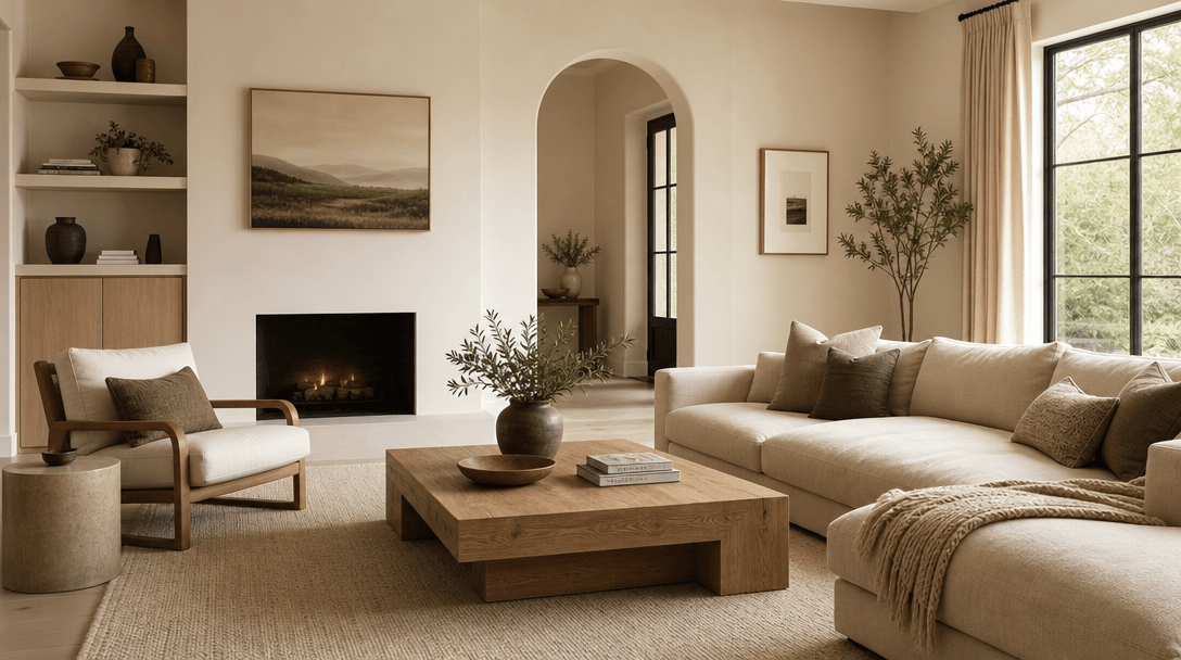 Minimalist cozy living room with neutral soft color palette. Clean aesthetic with warm comfortable furniture. Peaceful m