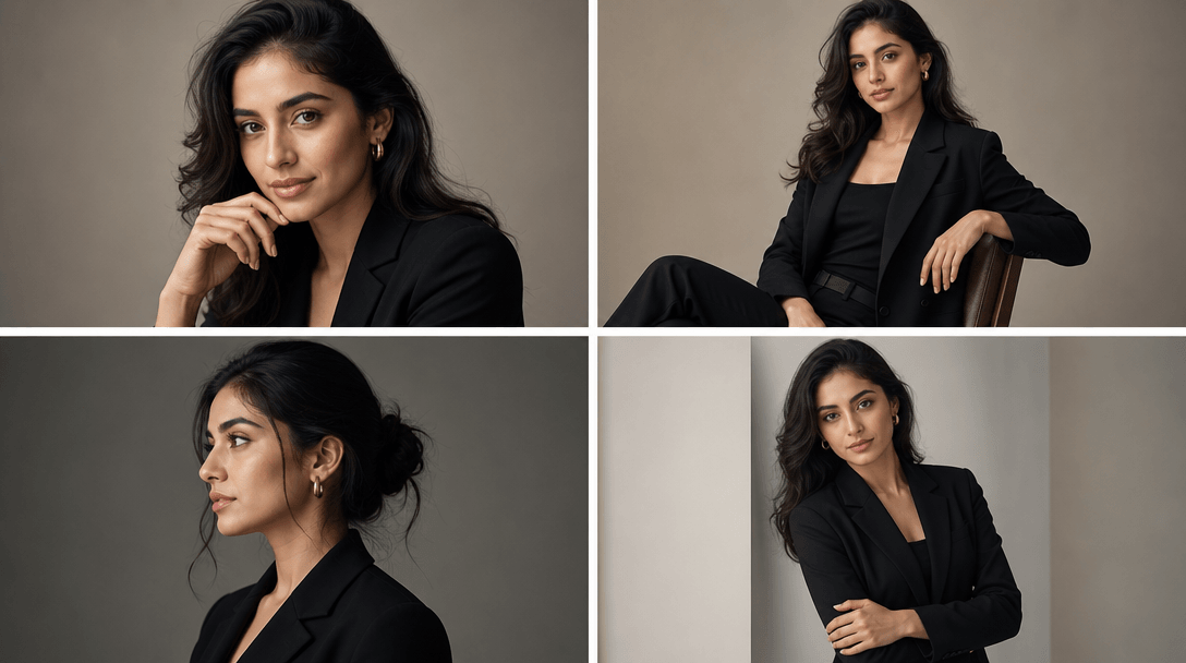 Four distinct professional poses arranged in grid layout, diverse angles, consistent professional lighting, editorial ma