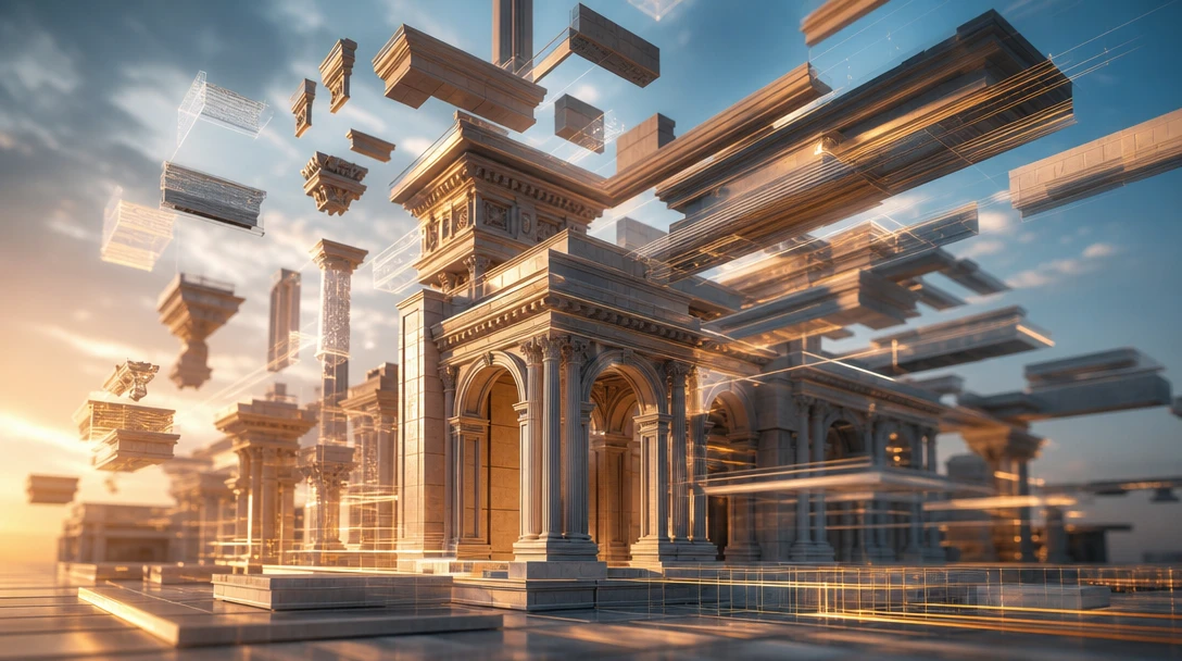 Rapid reassembly of architectural elements, smooth flowing motion, premium color treatment, dynamic lighting.
